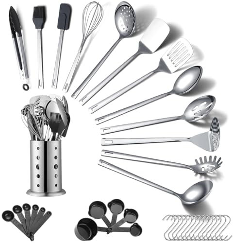 ReaNea Ensemble d’ustensiles de cuisine en acier inoxydable 40 pièces avec porte-ustensiles, gadgets de cuisine, essentiels de cuisine, ensemble de spatules en métal