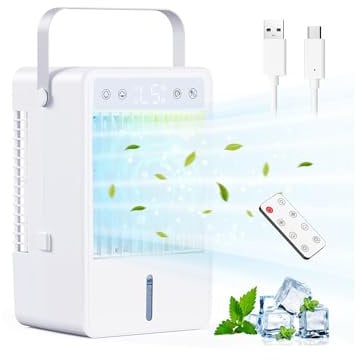 Klimaanlage Mobil, 1500ml Mobiles Klimagerät Mini Luftkühler mit Wasserkühlung, USB Verdunstungskühler mit Fernbedienung, 5 Geschwindigkeiten & 3 Modi, 10H Timer, Ideal für Zimmer/Büro