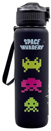 Mad Monkey Botella de agua Space Invaders - 1 litro de capacidad - Decoración retro para jugadores nostálgicos - Accesorios de los 80 - Incluye una elegante tapa abatible