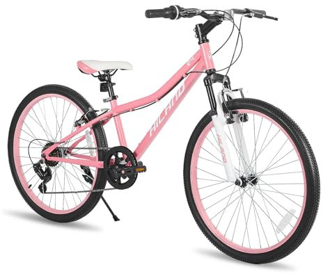 Hiland 24 Inch Kids Mountain Bike, 7 Speed Youth MTB Bike, Kids Boys Girls Mountain Bicycle with Suspension Fork V-brakes, Pink