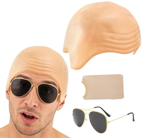 Esshogo 1 Stück Glatzenkappe aus Latex, Sonnenbrille, elastisches Haarnetz | Perücke Glatze, Kostüm Fake Glatzen, Falschen Funny Glatzkopf, Latex Glatze Hut, Gru Kostüm Wig Glatzekap