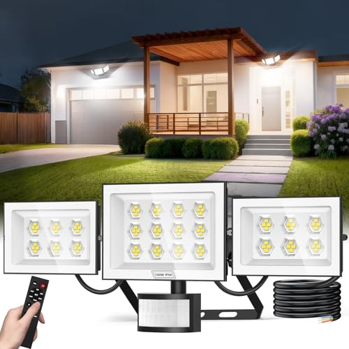 papasbox 100W LED Strahler mit Bewegungsmelder Lichtsensor und Timing Fernbedienung Außenstrahler Dimmbar | Flutlicht Außen Kaltweiß 6500K IP66 Wasserdicht Fluter für Garten Garage Balkon