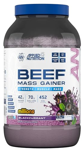 Applied Nutrition Beef Mass Gainer Protein Powder – 42g Beef Protein Isolate, High Calorie Weight Gainer Supplement, Lactose Free, Low Sugar (3.13kg – 25 Servings) (Blackcurrant Millions)