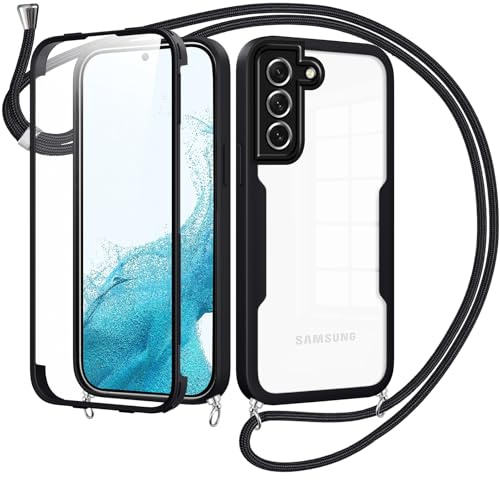 Jrkvniv Collier Coque pour Samsung Galaxy S22 5G avec Protecteur D'écran Intégrée,360 Degrés Transparent Réglable Étui Cordon Housse Antichoc Anti-Rayures Tactile Deux Couches Protection Etui-Noir