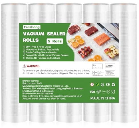 Frasheng Vakuumrollen 5 Rollen 28x300cm Vakuumierfolie, Vakuumierbeutel, Profi Folienrollen für Vakuumierer & Lebensmittel Vakuumiergerät, Reißfest, BPA-frei, Kochfest und Sous Vide Gefrierbeutel
