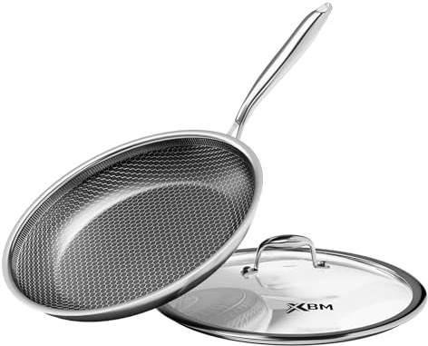 XBM Nonstick Frying Pan with Lid 10-Inch, Durable Stainless Steel Skillet, Induction Cooktop Compatible, PFOA-Free Scratch-Proof, Dishwasher & Oven Safe, Stay-Cool Handle, Silver Kitchen Cookware