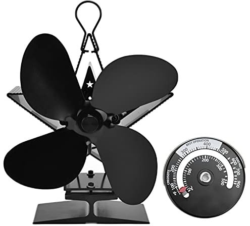 Segrehy Kaminventilator mit 4 Flügeln und Thermometer für den Innenbereich, Holzofen, wärmebetriebener Ventilator zur Wärmeverteilung, Schwarz