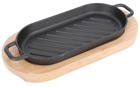 HOMSFOU Assiette à Steak en Fonte Rectangulaire Plateau Bois 22X11 CM Profondeur 2 CM pour Grillades Viande Poisson Adaptée au Gaz et Induction