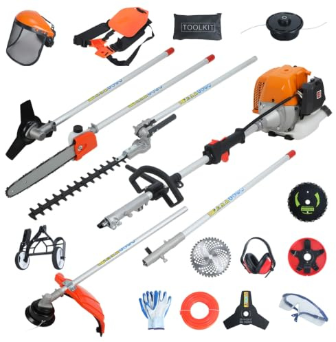 52cm Benzin Motorsense Multitool, 8-in-1 Freischneider mit Heckenschere und Teleskopstiel, Benzin Heckenschere Motorsäge Kombi-Gerät für Garten Rasen Unkraut Baum AST Orange