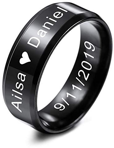 MeMeDIY Herren Trauringe Für Frauen Jungen Mädchen Wasserdicht Edelstahl Versprechen Ring, Bündeln mit Ringgröße Einsteller - Personalisiert Gravur (Schwarz Farben, 8.0mm Breiten, 54 Größe)