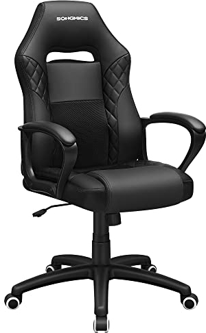 SONGMICS Fauteuil Gamer, Fauteuil de Bureau, Chaise, Siège, avec Mécanisme basculant, Ergonomique, Dossier en Forme de S, Bon pour la Colonne Lombaire, Charge jusqu'à 150 kg, PU, Noir OBG38BK