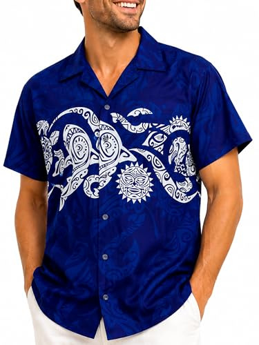 King Kameha Herren Hawaiihemd Kurzarm – Sommer Aloha Shirt mit Maori-Print, leicht und pflegeleicht