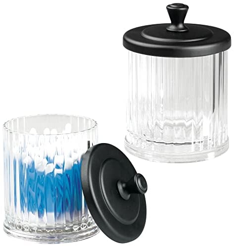 mDesign Set of 2 Bathroom Cosmetics Jar – Plastic Containers with Lids for Storage of Bath Salts, Cotton Buds and More – Versatile Makeup Organiser for Dressing Table and Vanity Unit – Clear/Black