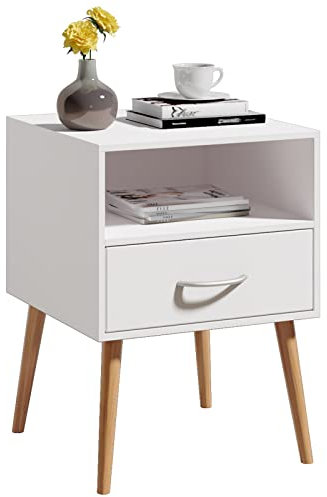 Jooli H Wood White Bedside Table Cabinet Storage Nightstands 1 Drawer with Metal Handle, 42 x 40 x 56 cm