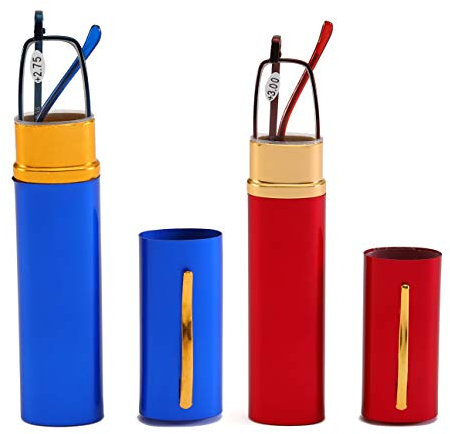 USOOLALA Unisex Compact Premium Reading Glasses Slim Reader w/Pen Clip Tube Case, BlueRed, +2.0