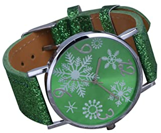Hemobllo Weihnachts-Damenuhr, Schneeflocken-Zifferblatt, modische Quarzuhr, glänzendes grünes Armband, weihnachtliche Freizeituhr