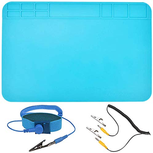 Youmile Soldering Mat Silicone Mat 932°F 11.8 x 7.8inch / 30 x 20cm Heat-Resistant Mat for Electronics Repair with Alligator Clip Grounding Cable, Anti-static Wrist