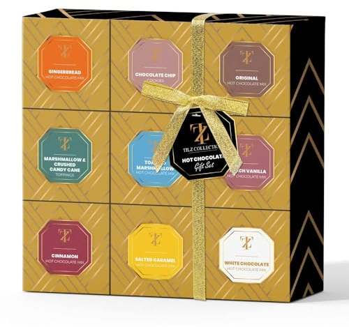 Set de regalo de chocolate caliente: bebidas de chocolate caliente con sabores variados, selección de malvaviscos tostados, avellanas, pan de jengibre, vainilla salada, canela, chocolate blanco