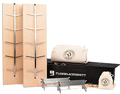 FINNWERK Flammlachsbrett Geschenkset - Lachsbretter mit Halterung aus Edelstahl und patentiertem Winkelsystem - Räucherbrett aus massiver Birke - Perfektes Outdoor Geschenk mit Echtholz-Geschenkbox