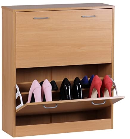Schuhkipper Kiel Buche matt 2 Fächer 75 x 87 x 24 cm | Design Holz-Schuhschrank zum klappen | Schuhkommode modern mit Ablage