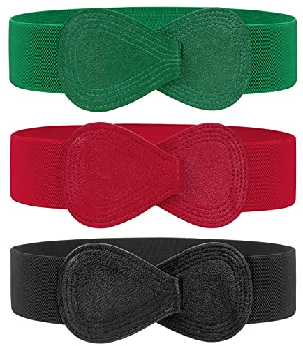 WERFORU 3 Stücke Damen Breit Elastischer Gürtel Frauen Stretchy Taillengürtel Mode Cinch für Kleider Schwarz/Grün/Rot