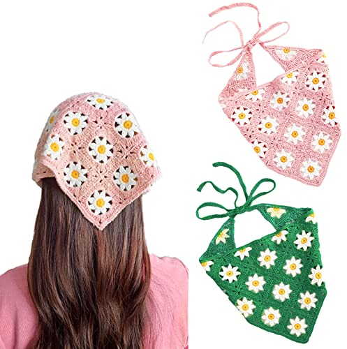 2 Stück Häkelhaar Bandana Floral Haar Schal Boho Kopftuch Vintage Stirnbänder Dreieck Haargummi Handgemachte Haarschmuck für Mädchen Frauen (Rosa/Grün)