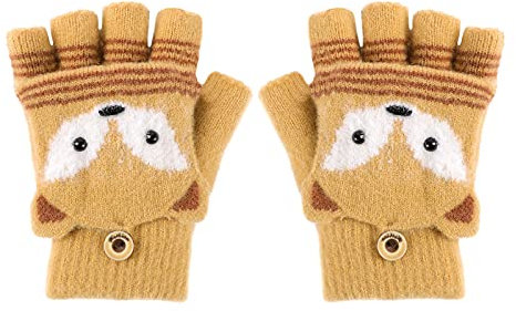 Halbfinger-Flip-Handschuhe für Kinder Unisex Cartoon Plüsch Fuchs Handschuhe Winter warme hautfreundlich Strickhandschuhe Klienkind süße Fäustlinge mit Knöpfen für 6-10 Jahre alte Jungen Mädchen