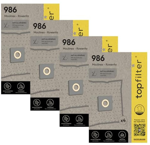 TopFilter 9996450 Lot de 4 packs de 4 sacs aspirateur 64986 Rowenta et Moulinex, sac aspirateur, poche aspirateur, accessoire aspirateur, Non tissé polypropylène, Caoutchouc, Carton, 30 x 26 cm
