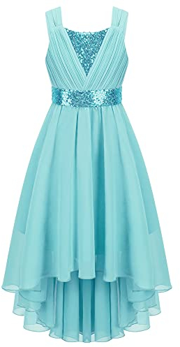iEFiEL Mädchen Festlich Glitzer Kleid Mit Pailletten - Hochzeit Blumenmädchen Prinzessin Vokuhila Cocktail Partykleid - Türkis 134-140