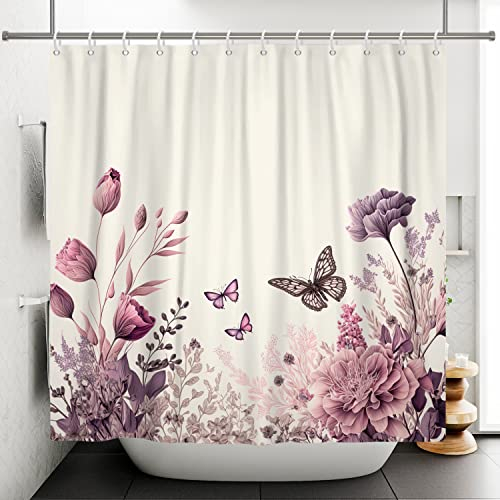Tintincceer 180x200cm Fiore Doccia Tenda Retro Viola Floreale Farfalla Bagno Tenda Vintage Giardino Paesaggio Fiori Fioritura Doccia Tende Impermeabile Vasca da Bagno Tenda