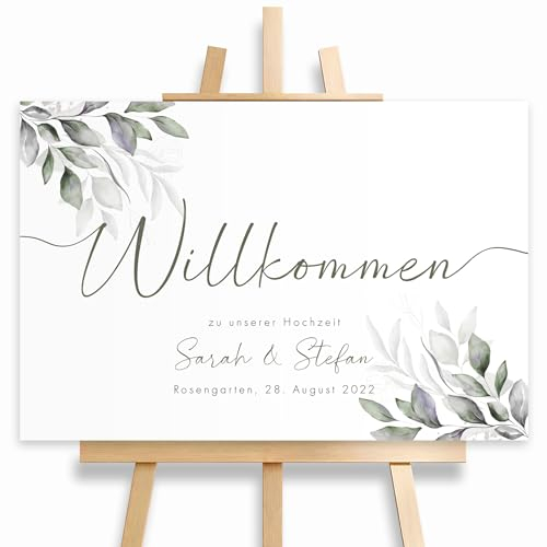HEI Print Willkommensschild Hochzeit Greenery mit Datum und Namen, personalisierte Hochzeitsdeko, Willkommen Schild, Grün, Leinwand, 60x40