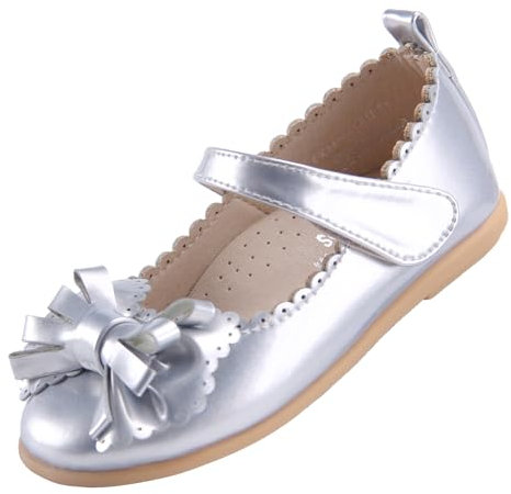 EIGHT KM Scarpe da Bambina Piccola Mary Jane Principessa da Sposa Ballerine EKM7063 Fiocco in Pelle Verniciata Argento Taglia EU 28