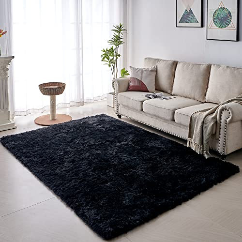VOFUSHON Wohnzimmer Hochflor Teppich, Shaggy Flur Läufer Modern Flauschiger Weich Teppich Groß für Wohnzimmer Deko/Schlafzimmer/Kinderzimmer (200 x 300 cm, Schwarz)