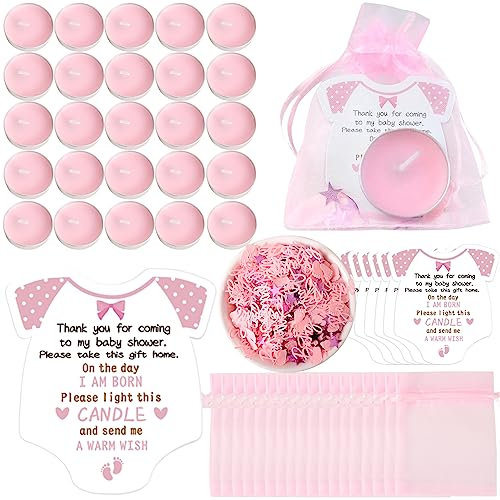 50 Sets Pink Baby Shower Favors Tea Light Candles for Guest Baby Girl Shower Party Favors Gifts with Thank Cards and Return Gift Bags Confetti for Guests Gender Reveal Party Favors
