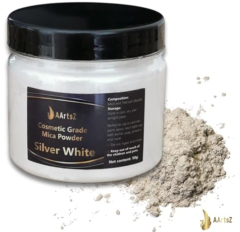Epoxidharz Farbe Metallic Silber Weiß 50g Jar, AArtsZ Mica Powder Pulver, Farbpigmente, Perlglanz Natürliches kosmetisches Pigment für Lipgloss, Nagellack, Make-up, Epoxidharz, Seifenfarbe,Badebomben
