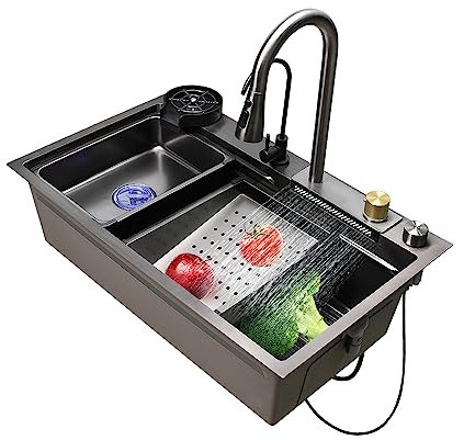 Évier de Cuisine,Évier Cascade Raindance,Évier en Acier Inoxydable,Ensemble dÉvier Domestique,Évier Intégré avec Robinet Extractible Amovible,Rondelles de Verre (75×46×22cm)