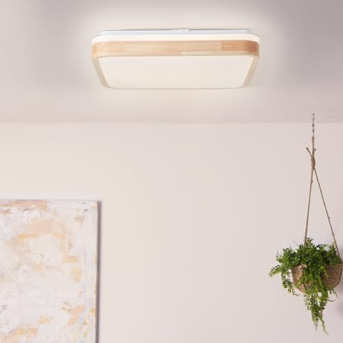 Lightbox LED Deckenlampe mit Holz Rahmen aus Katuschukbaum- warmweißer Lichtfarbe 3000 K - 40 x 40 cm - Deckenleuchte im Landhaus Stil - 24 W - 2400 lm - aus Metall/Holz - in Hellbraun/Weiß