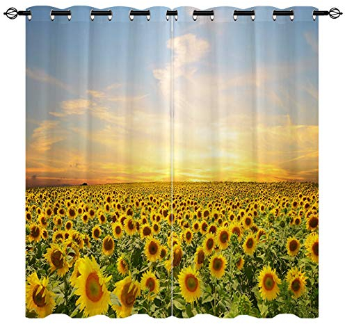YUANZU Sonnenblume Vorhänge Ackerland Blume Meer Gelbe Blumen Ösen Gardinen mit Blickdichte Vorhang Kälteschutz Blackout Curtain Wohnzimmer Schlafzimmer Verdunkelung Fenster, 2 Stück, H 200 x B 140 cm