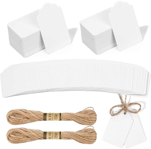 Geschenkanhänger Kraftpapier Anhänger Etiketten 150 Stück, 3x5cm Klein Kraftpapier Etiketten Tags mit 20 Meter Juteschnur, Geschenk Anhänger für Hochzeit Geschenke zum Basteln, Weiß