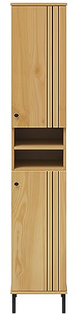 Woodroom Sevilla massives Regal eichefarbig lackiert Kiefer massiv 35x190x32 cm 2 offene Fächer 2 Türen Badezimmerschrank Hochregal
