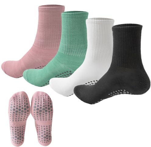 KEYRI 4 Paia Calze Antiscivolo Da Donna Calze da Yoga, Calze Grip Calzini da Allenamento in Taglia Unica, Calze Atletiche per Yoga, Pilates, Sport e Abbigliamento Quotidiano (Rosa+Ciano+Bianco+Nero)