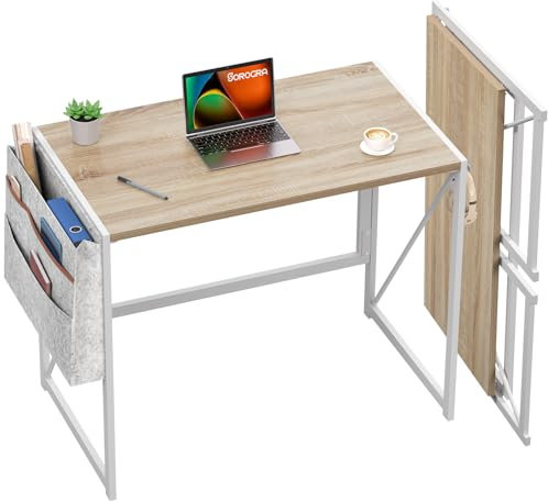 SOROGRA Scrivania Pieghevole Salvaspazio con Borsa Portaoggetti e Gancio per Auricolari, Tavolo Pieghevole per Computer Ufficio Casa & Piccoli Spazi, Scrivania Piccola Facile da Montare, Beige