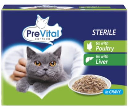 PreVital Aliments humides pour chats stérilisés à la viande blanche et au foie en sauce. Lot de 12 sachets de 100 g