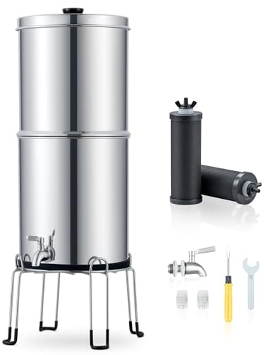 CO-Z 8,5L Système de Filtration d'Eau par Gravité en Acier Inoxydable 304 Purificateur d'Eau avec 2 Filtres à Carbone Robinet d'Eau Support Inclus, Certification NSF/ANSI 42