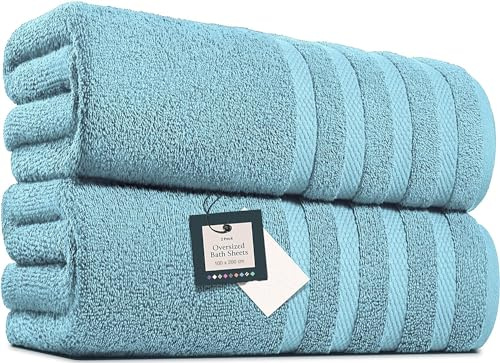 Pack of 2 Extra Large Bath Sheets (100 x 200 cm-600 GSM) Pure Egyptian Cotton Big Body Wrap Bath Sheet Towels for Bathroom,beach, Pool (Sky Blue, Cotton)