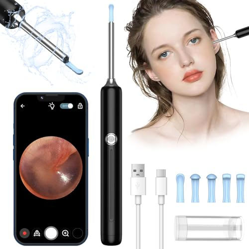 OUTACT Otoscope Oreille 1080P HD Nettoyage Oreille IP67 avec Camera avec 6 Cuillères Auriculaires 3,5 mm 6 LED Étanche(Noir)