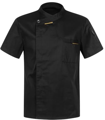 MSemis Unisexe Veste de Cuisine Professionnel Uniforme Manche Courte Blouse De Travail Col Mao Veste de Chef Chemise de Travail Eté pour Cuisinier Serveur Hôtel M-4XL Manches Courtes Noires M