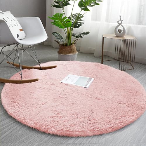 AMEHA Tapis rond à poils longs - Doux et antidérapant - Pour chambre de fille - 120 x 120 cm - Rose