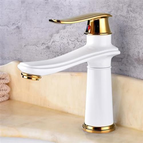Mitigeur rétro pour lavabo de salle de bain, mitigeur de salle de bain à levier unique en laiton, mitigeur de lavabo monotrou, eau chaude et froide, blanc + or, court