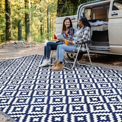 Green Decore Reversible Recycled Plastic Camping and Picnic Rugs | Perfect for Garden, Patio, Picnic, Decking | Stain And Water Resistant | Bliss Navy Blue/White 270 x 360 cm